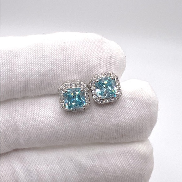 Jewelry - .925 Sterling Silver Halo Cushion Cut Simulated Aquamarine Cz Earrings